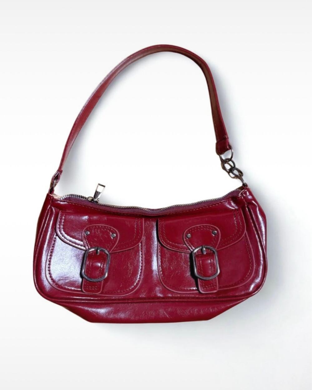 Glossy Cherry Red Buckle Pocket Detail Shoulder Purse Going Out Bag